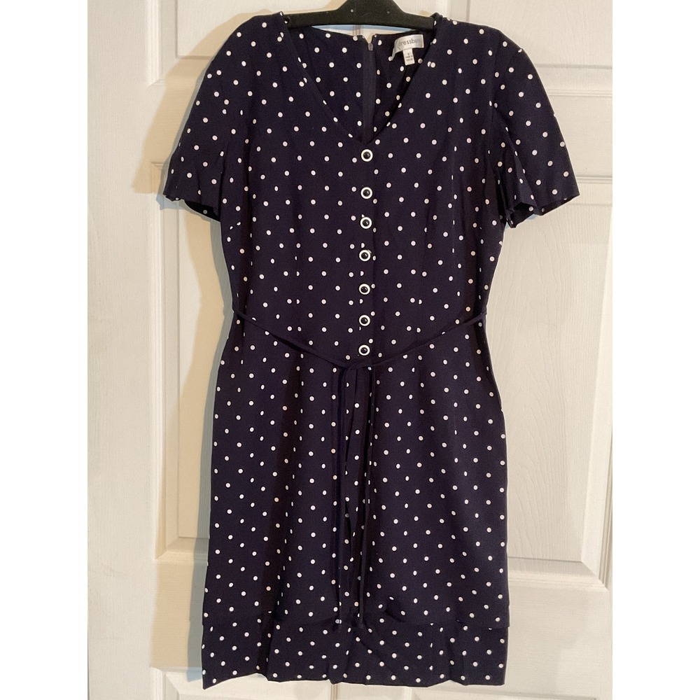 Dressbarn Navy Blue White Polka Dot V-Neck Tie Waist Button Front Dress Size 6